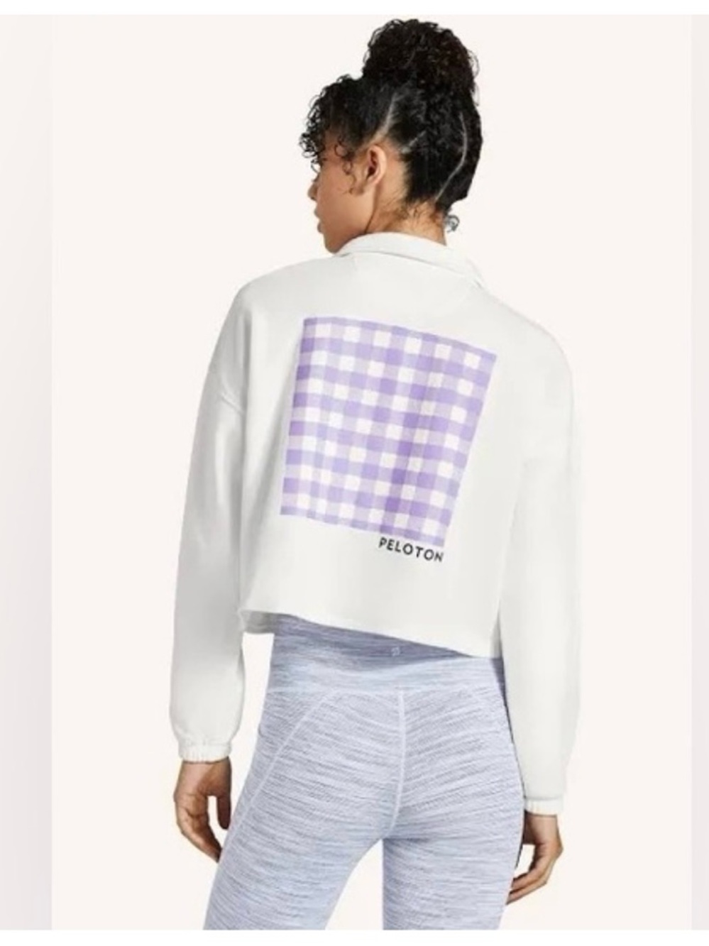 Peloton White Cropped Sweatshirt with Lavender Gingham Back